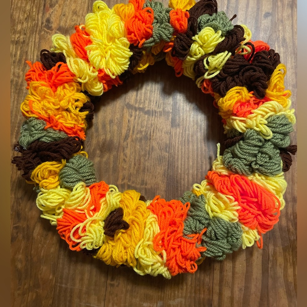 Vintage Handmade Fall Autumn Yarn Wreath Home Decor Unique Festive